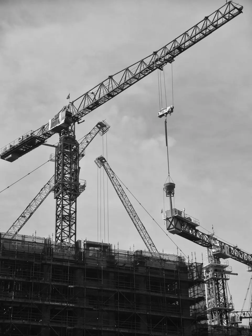 Tower cranes carrying loads at a construction site